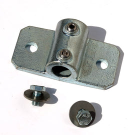 A single 34mm palm railing tube clamp with screws ans washers for bolting a 34mm steel tube to a shipping container using a domino clamp