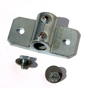 A single 34mm palm railing tube clamp with screws ans washers for bolting a 34mm steel tube to a shipping container using a domino clamp