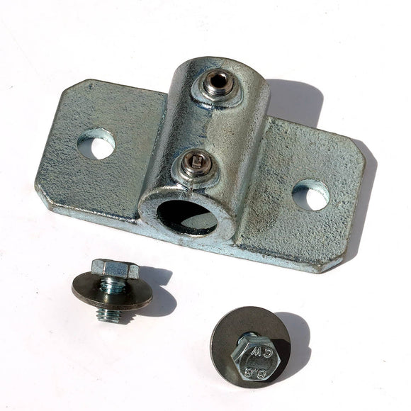 A single 34mm palm railing tube clamp with screws ans washers for bolting a 34mm steel tube to a shipping container using a domino clamp