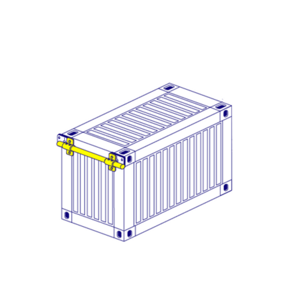 A horizontal tube clamp for attaching a piece of tube or scaffold pole parallel to the side of the shipping container