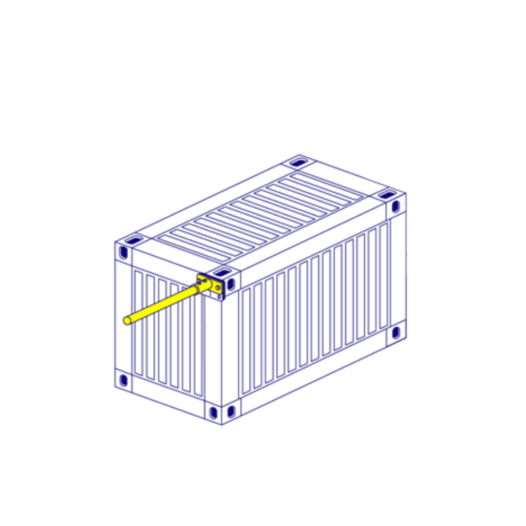 A horizontal tube clamp for attaching a piece of tube or scaffold pole perpendicular to the side of a shipping container