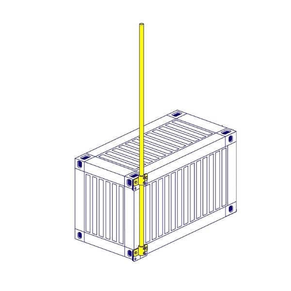 Long scaffold tube attached to a shipping container with 2 vertical tube clamps