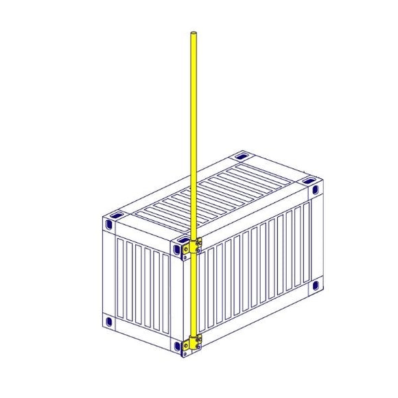Long scaffold tube attached to a shipping container with 2 vertical tube clamps