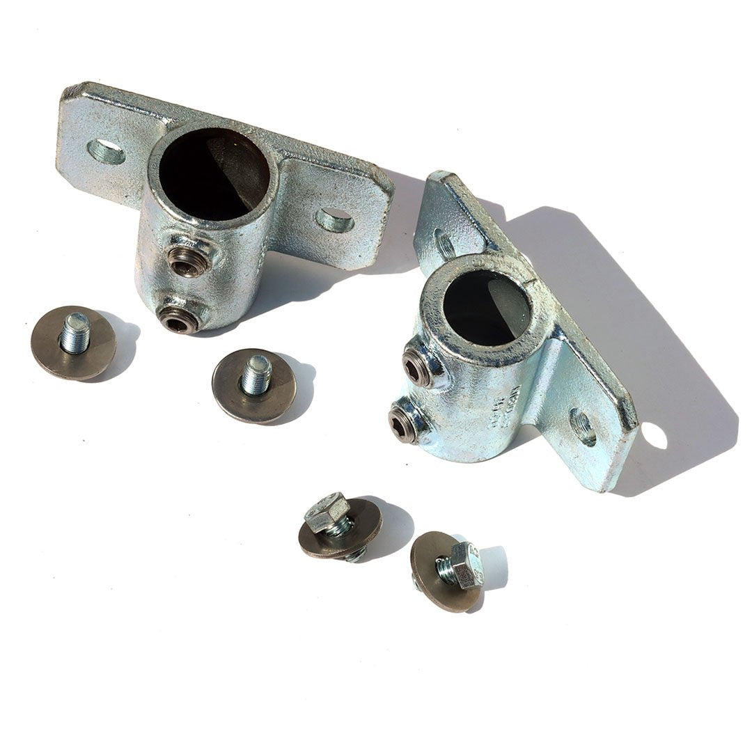 A pair of 42mm palm railing tube clamps, complete with Bolts and washers