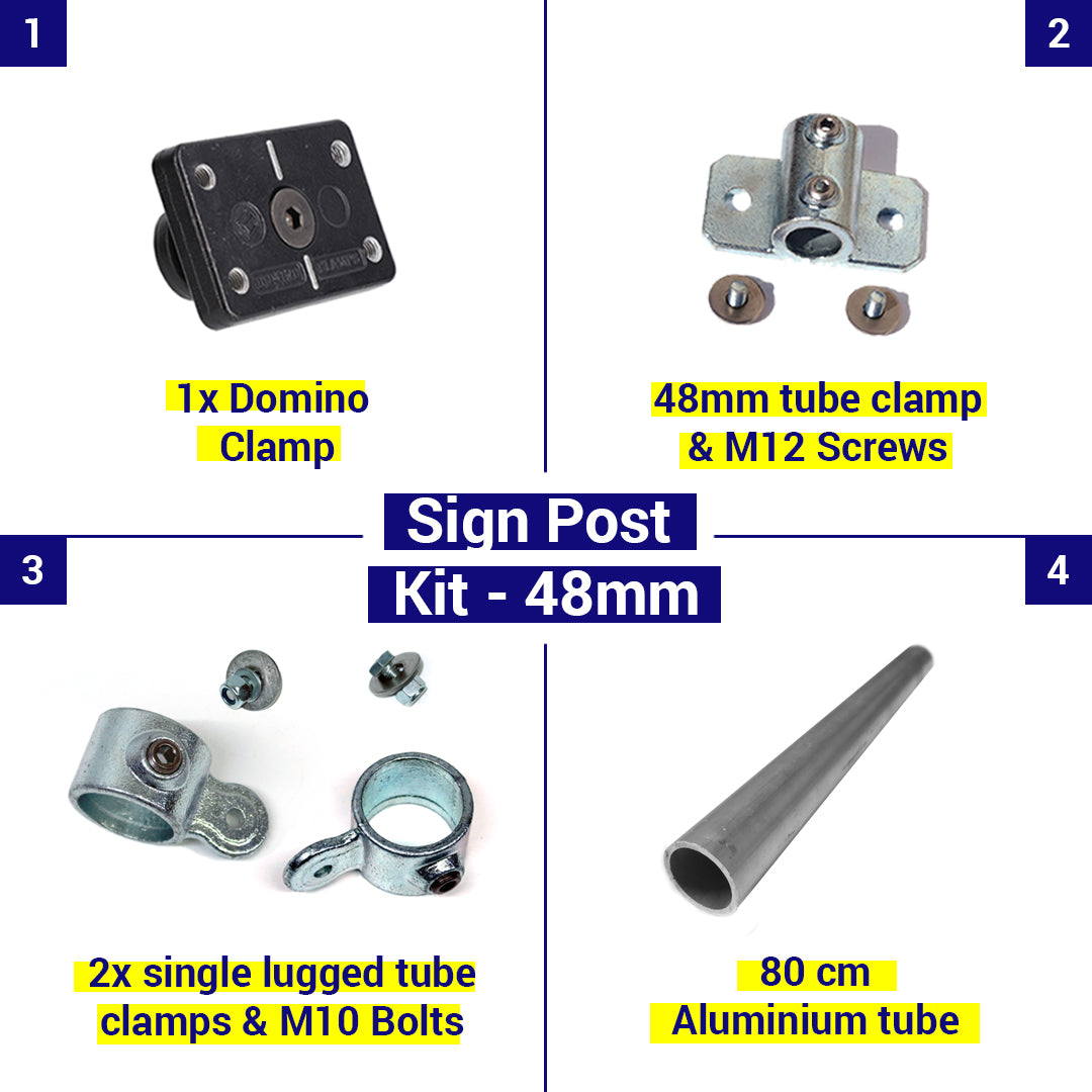 Shipping container sign post kit for 48mm tube. Includes everything you need to attach a sign to a shipping container.